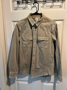 ZARA Men's Distressed Snap-Front Shirt Jacket — Beige